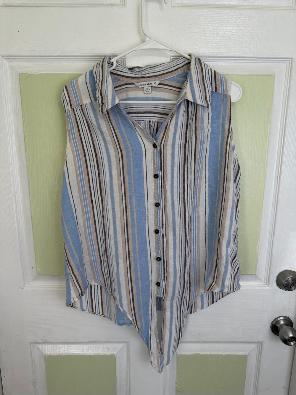 (2327) Counterparts Vertical Striped Button-Up Blouse in Blue, Tan, Cream, Black